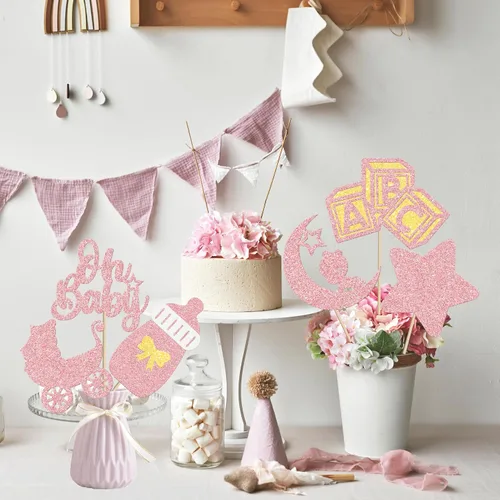 Vista 9 de 16 piezas de centros de mesa de fiesta It's A Girl para niñas, decoración de fiesta de baby shower, con purpurina de oro rosa Oh Baby Reveal