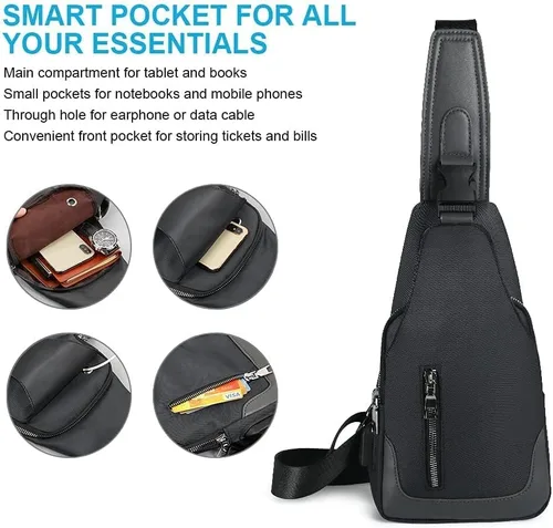 Vista 6 de Aucuu Mochila bandolera con puerto de carga USB, bolsa de pecho cruzada para hombres, senderismo, ciclismo, viajes, color negro, Negro -, Mochila