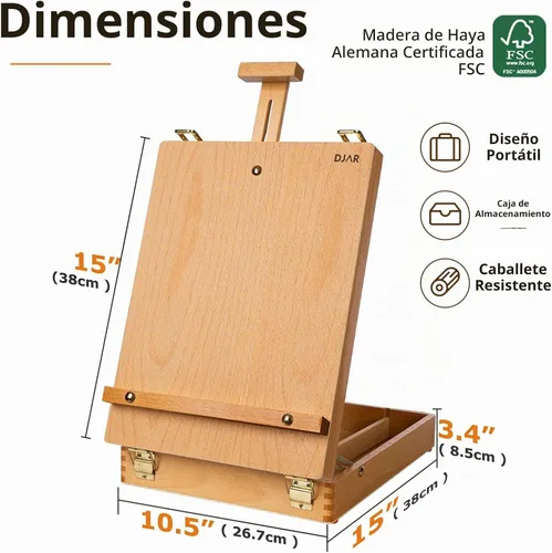 Vista 2 de DJAR Caballete de Mesa para Pintura, Caja de Bocetos de Madera de Haya Sólida Ajustable Caballete de Arte de Escritorio, Caja de Almacenamiento