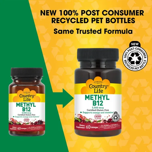 Vista 3 de Country Life Metil B12, soporta energía y resistencia, 5,000 mcg, 60 pastillas, certificado sin gluten, certificado vegano, certificado sin OMG