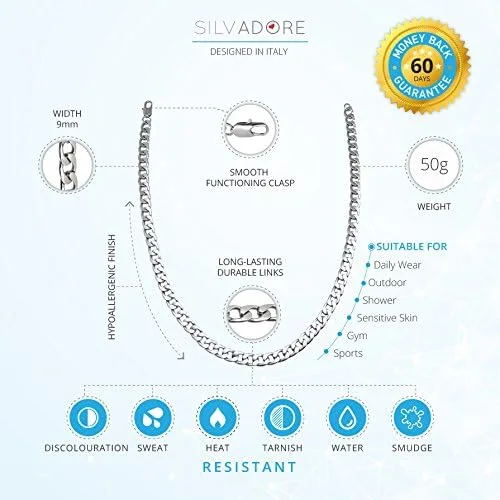 Vista 4 de Silvadore 9mm Curb Chain For Men - Mens Necklace Flat Cuban Stainless Steel Jewelry - Neck Link Man Boys Male Heavy Military - 18 20 22 24 inch