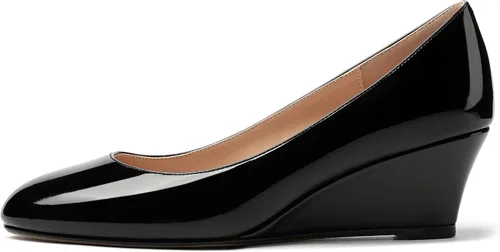 Vista 2 de MERRORI Zapatos de tacón bajo para mujer, con punta redonda, de charol sólido, de 2 pulgadas