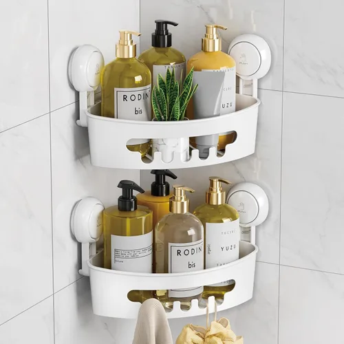 Vista 10 de LEVERLOC Organizador esquinero para ducha con ventosa, cesta de ducha potente con ventosa, organizador impermeable y resistente al óxido