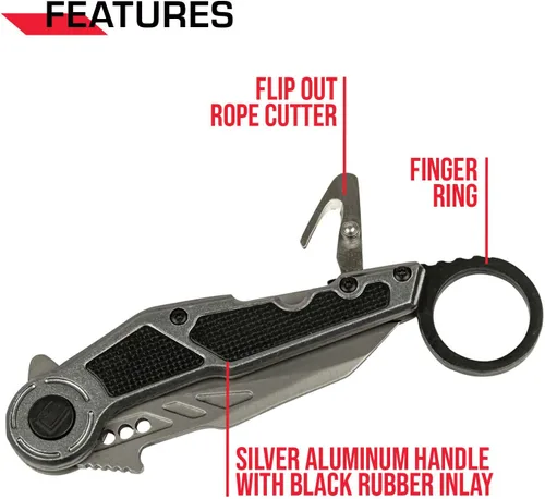 Vista 4 de Tac-Force Cuchillo de bolsillo plegable - Hoja de acero inoxidable Bead Blast, mango de aluminio plateado con incrustaciones de goma negra, cortador