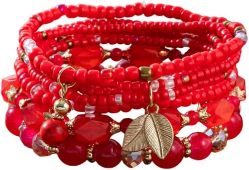Vista 14 de 4 piezas de juego de pulseras bohemias apilables de múltiples capas con cuentas de cristal coloridas, pulseras elásticas con cuentas de oro Verde