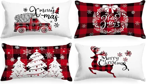 Vista 10 de Lanpn Juego de 4 fundas de almohada navideñas de 16 x 16 pulgadas, fundas decorativas de Navidad de 16 x 16 pulgadas, fundas de almohada a cuadros