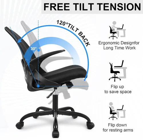 Vista 6 de Primy Silla de Oficina Ergonómica Silla de Escritorio con Reposabrazos Abatibles Silla de Escritorio Giratoria de Malla Transpirable para Negro