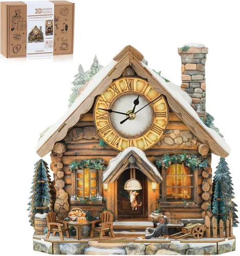Vista 11 de Rompecabezas de madera 3D para adultos, rompecabezas 3D reloj bulldog (con péndulo) 32 piezas, rompecabezas de madera para principiantes