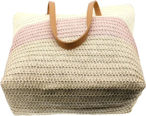 Vista 6 de Bolso grande de paja para mujer, tejido de ratán, bolso de playa de verano, a rayas
