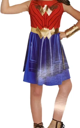 Vista 3 de DC - Vestido plisado para disfraz de Halloween con diseño de mujer maravilla roja y azul