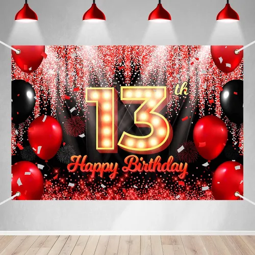 Vista 10 de Telón de Fondo Banner de Feliz 10º Cumpleaños Tema Negro y Rojo con Fondo de Neón Brillante y Moda para Fiesta de Cumpleaños Fotografía Accesorio
