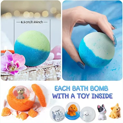 Vista 7 de Bombas de baño para niños con sorpresa interior para niñas, niños y bebés, paquete de 20 bombas de baño orgánicas para niños con muñecos de cachorro