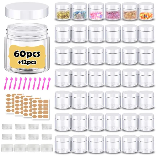 Vista 9 de Recipientes de plástico de 1 oz con tapas, 60 tarros de plástico con tapas + 12 recipientes de muestra de 3/5/0.35 oz, tarro de viaje, ideal