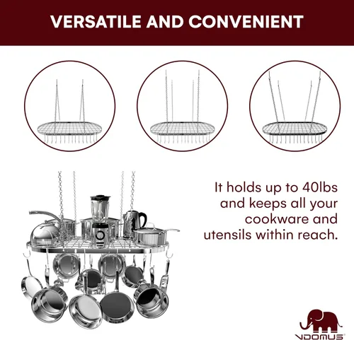 Vista 3 de Vdomus Estante Colgante para Ollas - Organizador de Cocina de Montaje en Techo para Ollas y Sartenes con 15 Ganchos - 33 x 17 Pulgadas Resistente