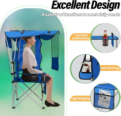 Vista 5 de BDL Silla de camping con toldo y sillas de playa plegables portátiles con refrigerador, respaldo de malla, portavasos y bolsillo para campamento