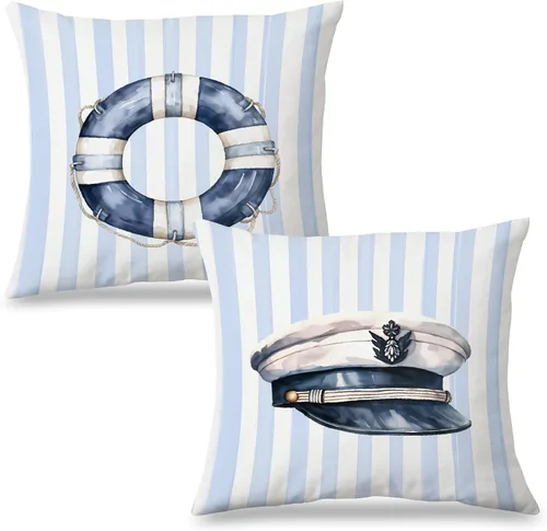 Vista 11 de Fundas de almohada costeras de langosta, fundas de almohada náuticas de langosta roja de Nueva Inglaterra con rayas azules y blancas para casa