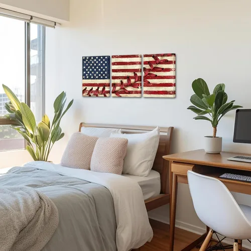 Vista 5 de Artsbay Arte de pared con bandera estadounidense roja, lienzo con costuras de béisbol, cuadros modernos, retro, deportes, obras de arte
