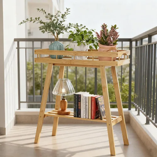 Vista 2 de BAMBANG Soporte de bambú para plantas de interior, mesa pequeña de 2 niveles, soporte alto para plantas de interior, estante para plantas