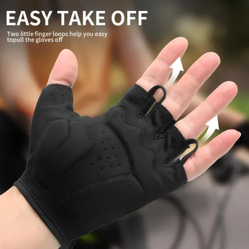 Vista 5 de Guantes de ciclismo para hombres y mujeres, guantes acolchados para bicicleta de montaña, guantes ligeros de medio dedo, antideslizantes, absorben