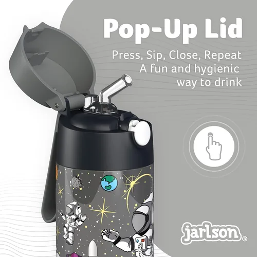 Vista 6 de Jarlson® CHARLI - Botella de agua para niños [12 onzas], botella térmica de acero inoxidable con pajilla, botella de agua aislada a prueba