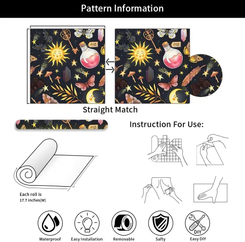Vista 7 de Papel Tapiz Negro Azul Marino Fantástico Sueño Mágico Sol Luna Mariposa Hongos Estrellas de Cristal para Despegar y Pegar Papel de Contacto Adhesivo