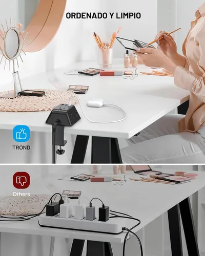 Vista 7 de Abrazadera de escritorio para tira de alimentación, protector de sobretensiones con 5 tomas de CA y 3 puertos USB, estación de carga de montaje