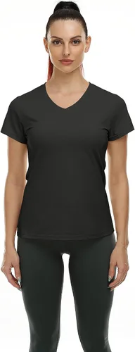 Vista 2 de Icyzone - Camisetas deportivas de cuello en V y manga corta para mujer, ropa de entrenamiento para yoga, correr, acondicionamiento físico y deportes