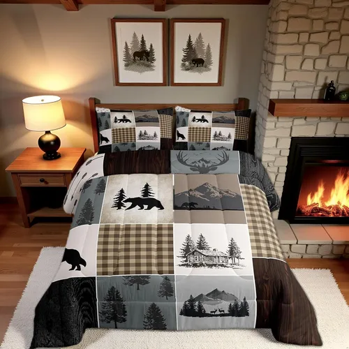 Vista 49 de Juego de ropa de cama Happy Camping de Homewish, tamaño individual, con diseño de osos cazadores y pinos, para niños, hombres, adultos, decoración