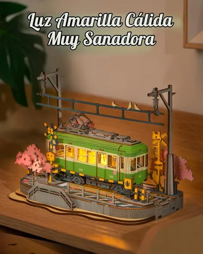 Vista 3 de Rolife Sakura Journey Tram - Rompecabezas de madera 3D para adultos, kits de construcción de modelos de bricolaje con luces LED, regalo creativo