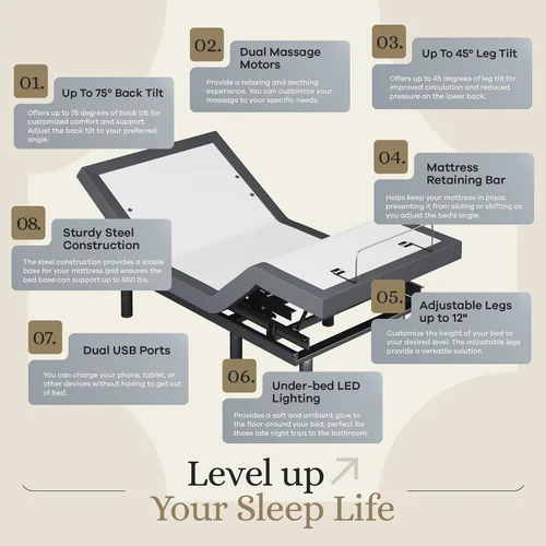 Vista 5 de Sven & Son Base de cama ajustable clásica, elevación de cabeza y pies, masaje, luces bajo la cama, USB, memoria de gel, marco inteligente