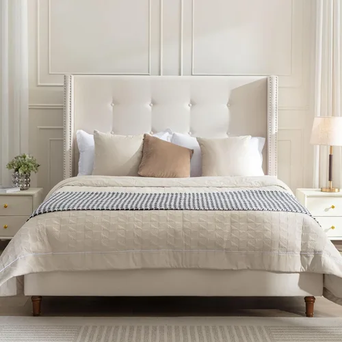 Vista 19 de Base de cama tapizada tamaño Queen, cabecera acolchada de 54" con respaldo geométrico, plataforma tapizada para dormitorio de niños, adolescentes