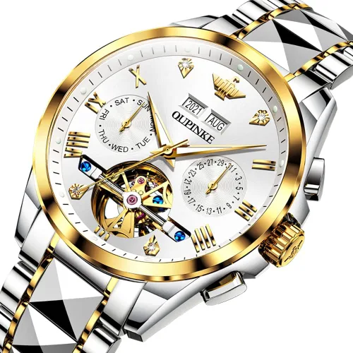 Vista 9 de OLEVS Relojes mecánicos automáticos de esqueleto para hombre, 5ATM, impermeable, tungsteno, acero inoxidable, cuerda automática, relojes de pulsera