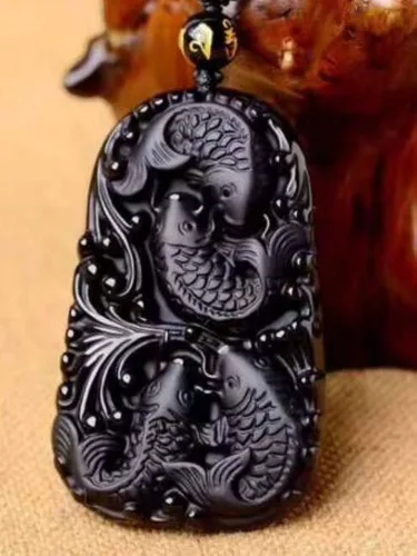 Vista 5 de Collar con colgante de amuleto de cristal de obsidiana con cadena de cuentas para wen o mujeres