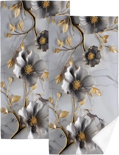 Vista 13 de Juego de 2 toallas de mano de baño con textura de mármol, suaves, absorbentes, negras y doradas, toallas decorativas para baño, cocina, deportes