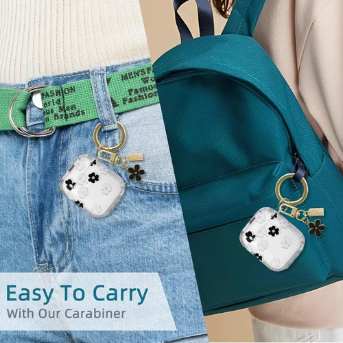 Vista 7 de Funda compatible con AirPods, funda de TPU suave con bonito patrón de flores para AirPods de 2 y 1 generación con llavero colgante y mosquetón