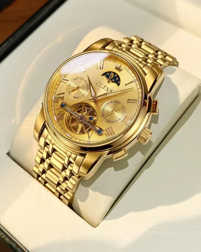 Vista 2 de OLEVS Relojes automáticos para hombre diseño de esqueleto Tourbillon cuerda automática reloj de pulsera de lujo fase lunar fecha impermeable