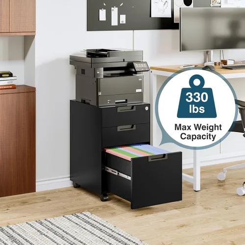 Vista 5 de MIIIKO - Archivador de 3 cajones con cerradura, archivadores verticales de metal negro para oficina en casa, archivadores completamente ensamblados