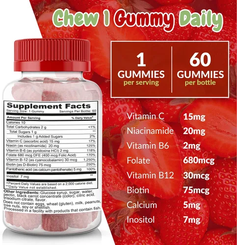 Vista 5 de Gomitas de complejo de vitamina B con sabor a fresa - Complejo B con vitamina C - Apoya el sistema nervioso y aumenta los niveles de energía - Ayuda
