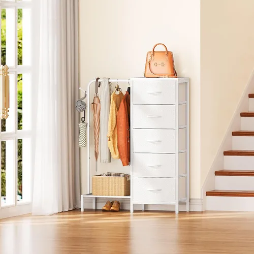 Vista 8 de Snughome Cómoda con estante para colgar, perchero para colgar ropa con 5 cajones, cómoda blanca con perchero, cómoda de almacenamiento de tela