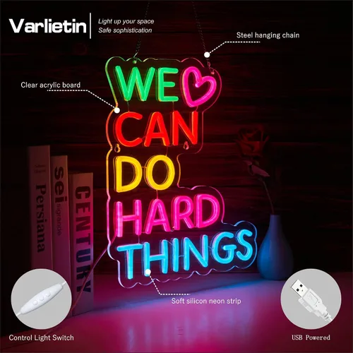 Vista 5 de Letrero de neón con texto en inglés «We Can Do Hard Things» para decoración de pared, arte de pared para niños, positivo para aula, regulable
