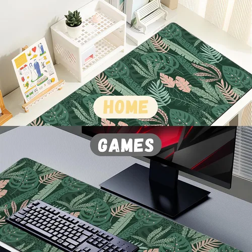 Vista 6 de Alfombrilla de mouse extendida para juegos con hojas tropicales abstractas, con bordes cosidos, base de goma antideslizante, alfombrilla de mouse