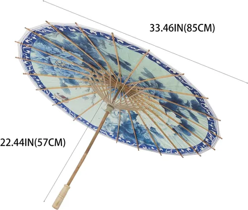 Vista 5 de THY COLLECTIBLES Impermeable hecho a mano chino aceitado papel paraguas sombrilla 33" flores azules y blancas