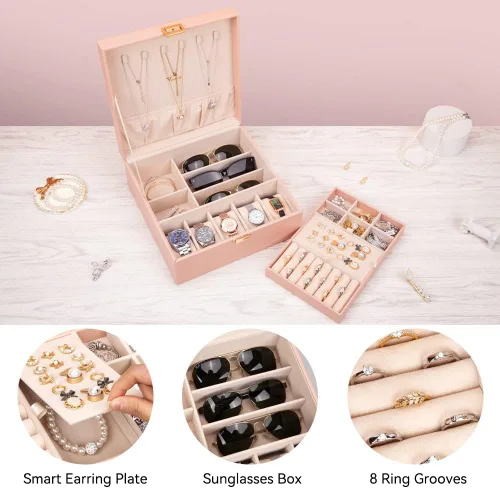 Vista 2 de Voova Joyero organizador para mujeres y adolescentes, estuche grande de almacenamiento de 2 capas, soporte de joyería de piel sintética con bandeja