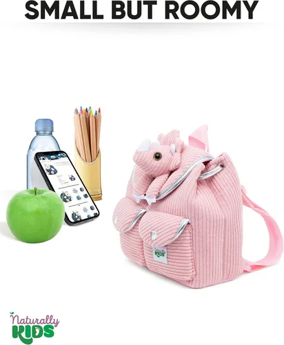 Vista 6 de Naturally KIDS Mini mochila de dinosaurio mochila muy pequeña para niñas y niños juguetes de dinosaurio para niños de 3 a 5 años mochila rosa