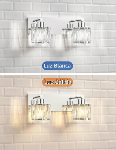 Vista 4 de VOLISUN Luces de Tocador de Cristal - 2 Luces Modernas de Acero Inoxidable para Baño Sobre Espejo, Acabado Cromado - Certificado UL