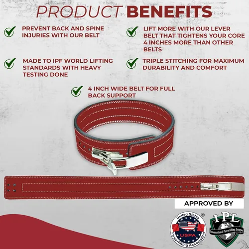 Vista 4 de Cinturón para levantamiento de peso con hebilla palanca, 0.4 pulgadas de FlexzFitness, Rojo