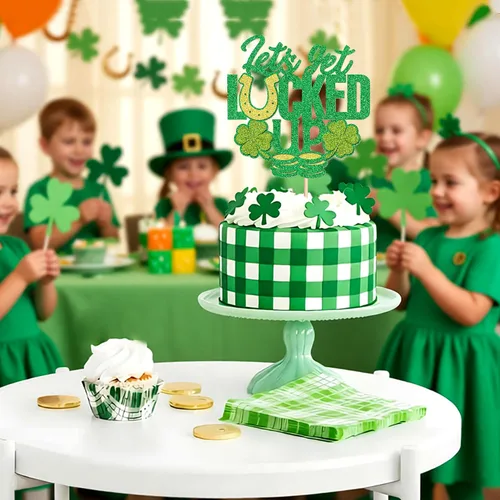 Vista 8 de Juego de 1 palillos para tartas de trébol, decoración de trébol con purpurina verde dorada para cumpleaños, baby shower, suministros de fiesta