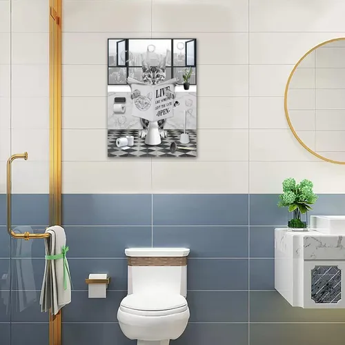 Vista 5 de PIMULSAA Póster de periódico divertido de lectura de gato sentado en el inodoro, arte de pared para inodoro y baño (enmarcado, 12 x 16 pulgadas)