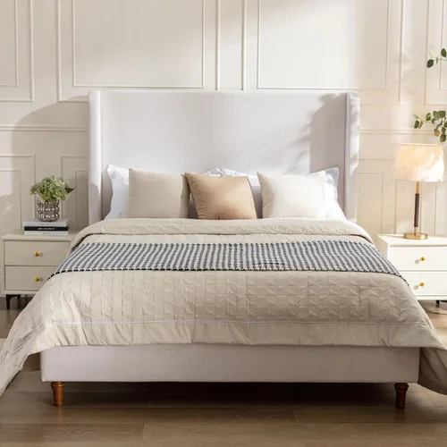 Vista 16 de Base de cama tapizada tamaño Queen, cabecera acolchada de 54" con respaldo geométrico, plataforma tapizada para dormitorio de niños, adolescentes