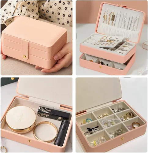 Vista 3 de BUTI4WLD Joyero pequeño, cajas de joyería para mujeres y niñas, caja organizadora de joyas, 2 capas organizador de almacenamiento de joyas de viaje